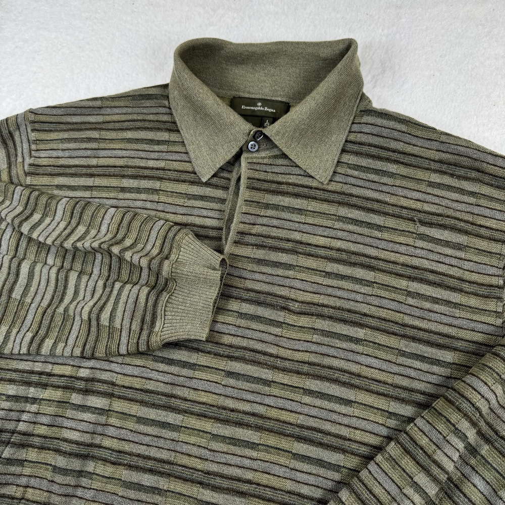 Ermenegildo Zegna Sweater Mens Size L Green Stripe Collared Knit Pullover Italy